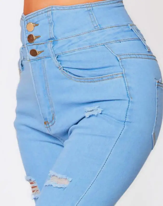 Moda feminina estiramento rasgado angustiado magro cintura alta calças jeans calças finas jeggings senhoras primavera outono wear