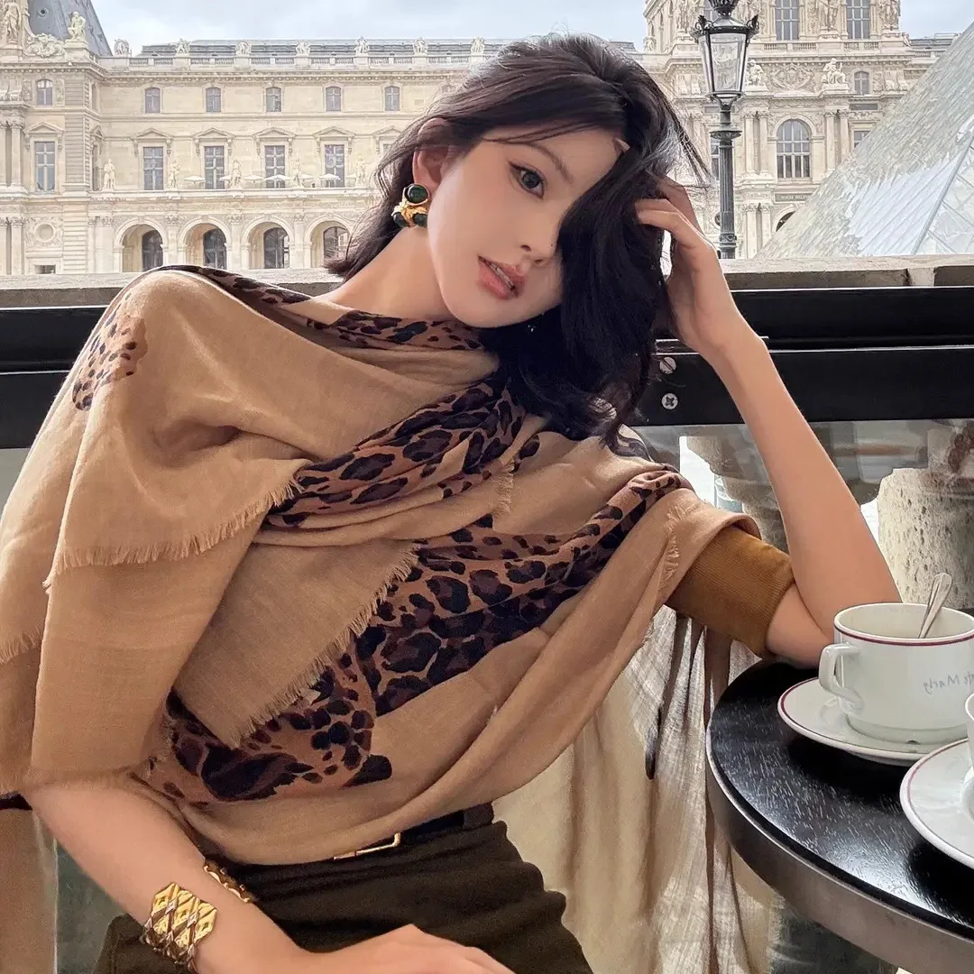 1Pc golden leopard shawl leopard print silk scarf women's autumn 2025 new sense shawl dual-purpose fashion versatile scarf view 2
