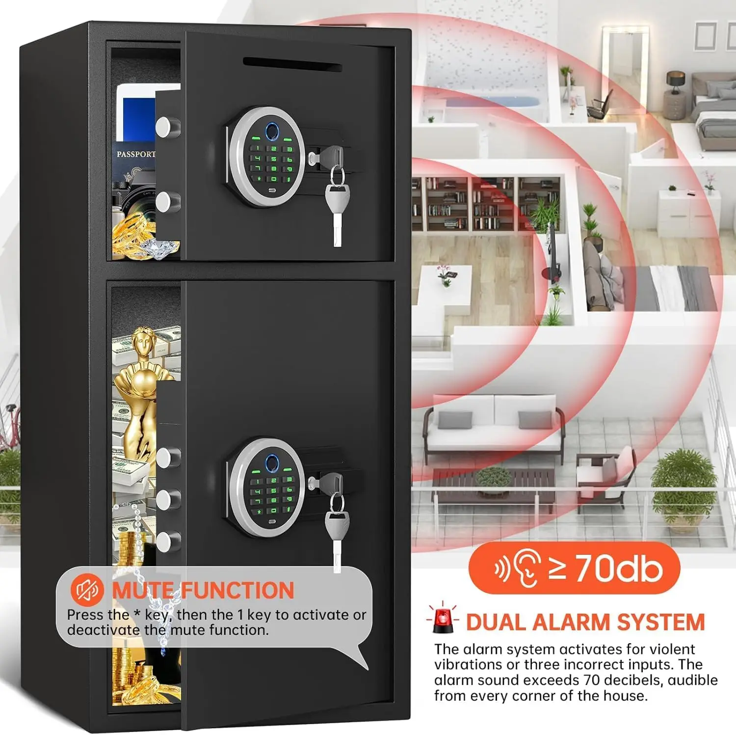 6.5 Cuft Extra Large Home Safe Box Fireproof Waterproof, Fingerprint Safe, Home Security Safes Box with Adjustable Shelf & Depos