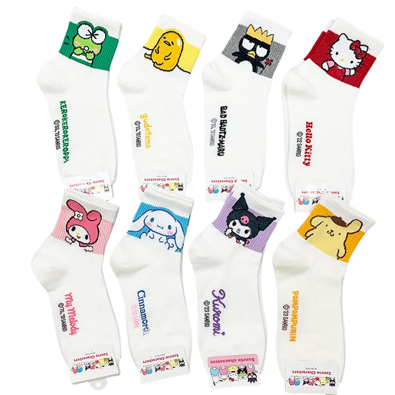 8 Pairs of Sanrio Hello Kitty Anime Cartoon Novelty Girl Socks Kuromi Melody Cute Sports Mid-tube Socks New Women's Short Socks