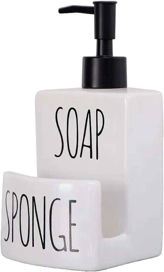 

2-in-1 Soap Dispenser with Sponge Holder, Modern Farmhouse White for Kitchen Sink