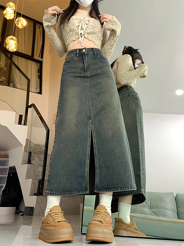 

Retro High Waist Midi Denim Skirt for Women Spring Summer plus Size Hip Concealing A-Line f Body Skirt Casual Commute Sle