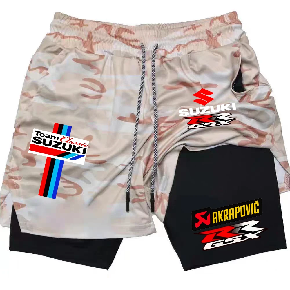 Men's double-layer sports shorts, 2026 best-selling Suzuki camouflage, quick-drying and breathable, suitable for motorcycle raci