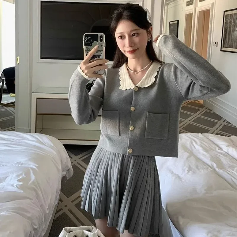 Korean Fashion Elegant Gray Knit Skirt Suits Spring Autumn College Style Short Cardigan Sweater Top+Mini Skirt Women Outfit 2pcs