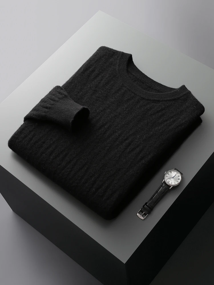 ADDONEE Autumn Winter Men Cashmere Sweater Cable Knit O-neck Thick Pullover 100% Merino Wool Knitwear Soft Warm Clothing Tops