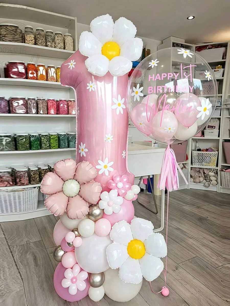 42-teiliges Daisy Pillar-Ballon-Set, inklusive übergroßen rosa Zahlenballons, Sonnenblumen-Folienballons, zum Geburtstag, für Mädchenpartys