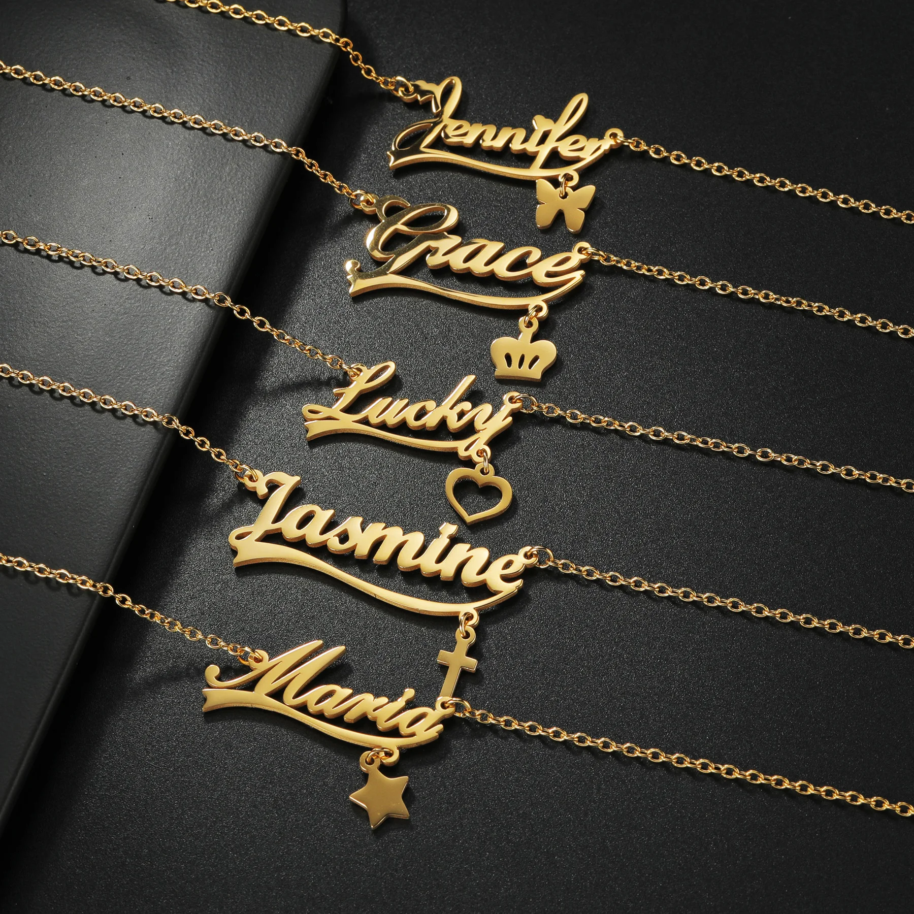 Acheerup Personalized Name Hanging Crown Cross Necklace for Women Stainless Steel Custom Letter Heart Chain Choker Birthday Gift