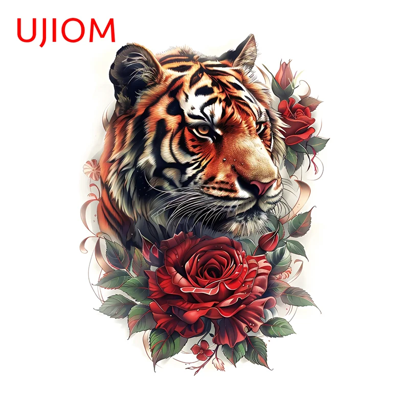 UJIOM Tiger Head with Red Rose Stickers Creative Living Room Sofa Wall Vestibule Sticker Waterproof Bedroom Decoration Poster