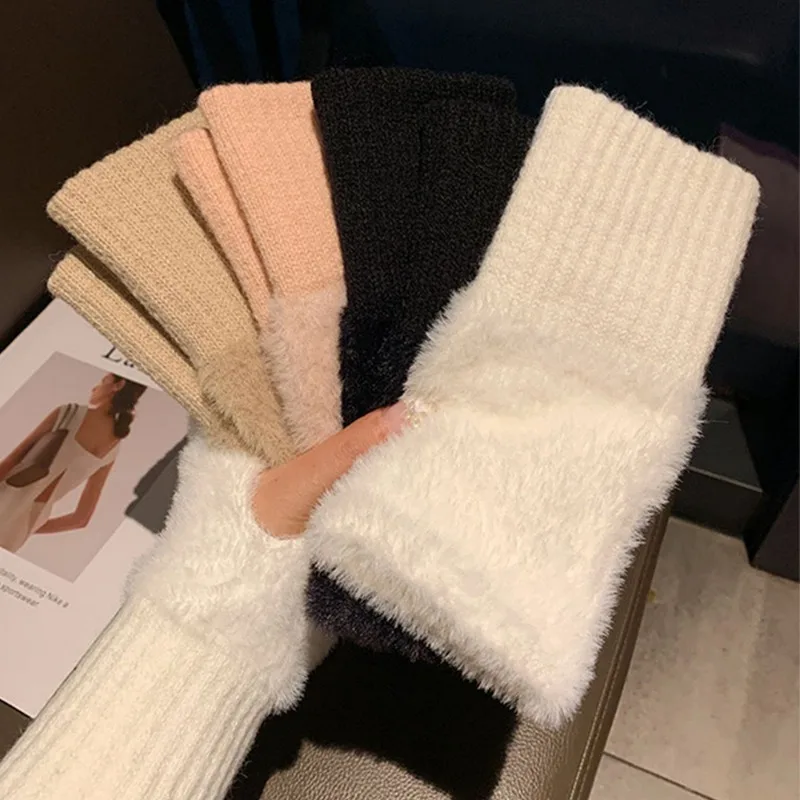 Warm Mink Fleece Gloves Winter Women Girls Soft Half Finger Gloves Solid Color Plush Knitted Fingerless Gloves Fashion Accessory