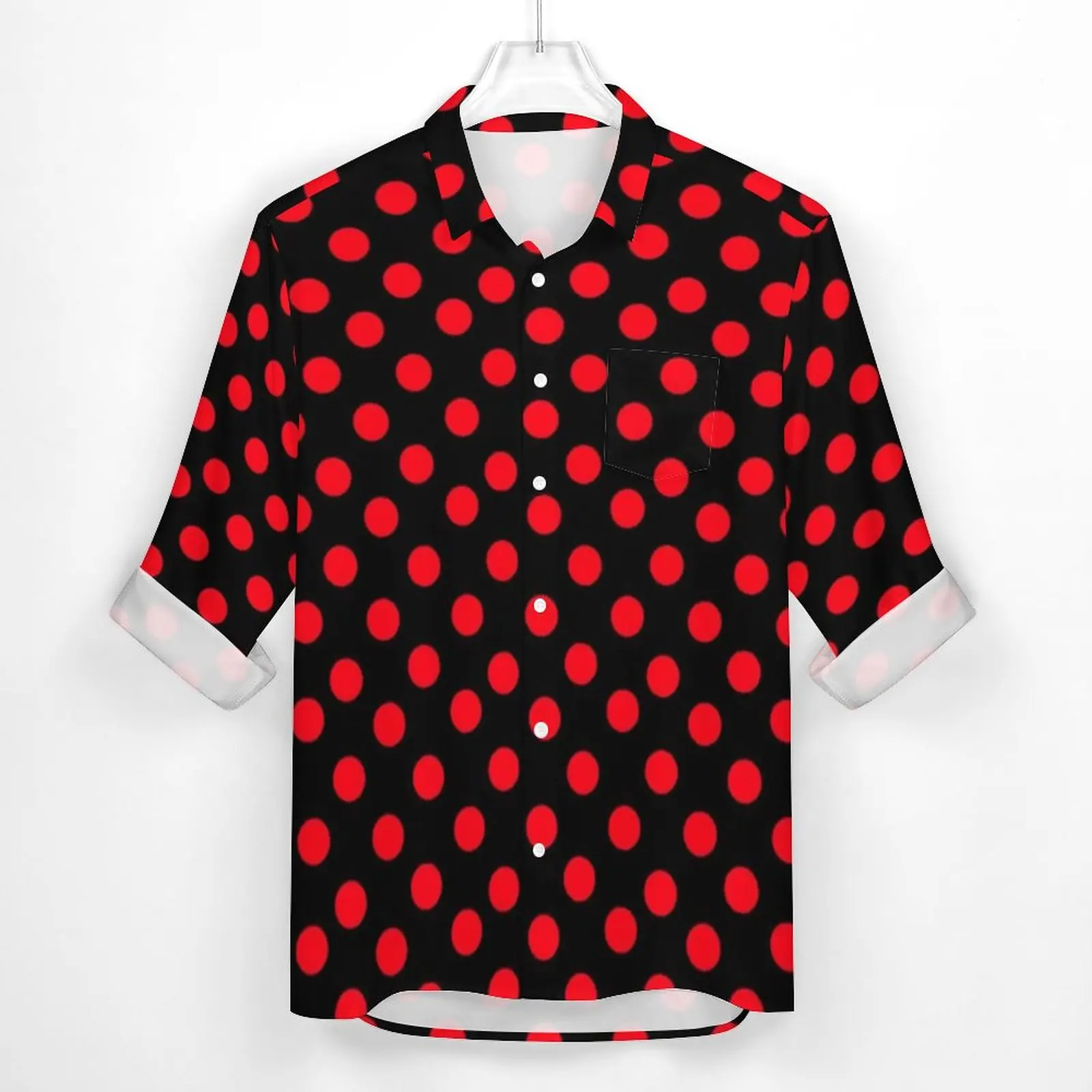 Red Polka Dot Casual Shirts Mens Vintage Spots Print Shirt Long Sleeve Retro Street Blouses Autumn Custom Top Big Size 3XL 4XL