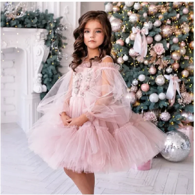 Flower Girl Dress girocollo manica a sbuffo lunghezza al ginocchio bambino neonata vestito matrimonio festa di compleanno prima comunione vacanza