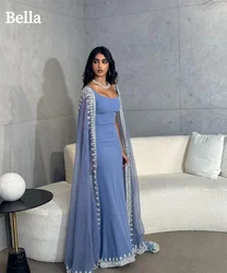 Bella Mist Blue Beaded Edge Prom Dresses Long Shawl Wedding Dress Customized Sleeveless Floor-Length Satin Vestidos De Fiesta