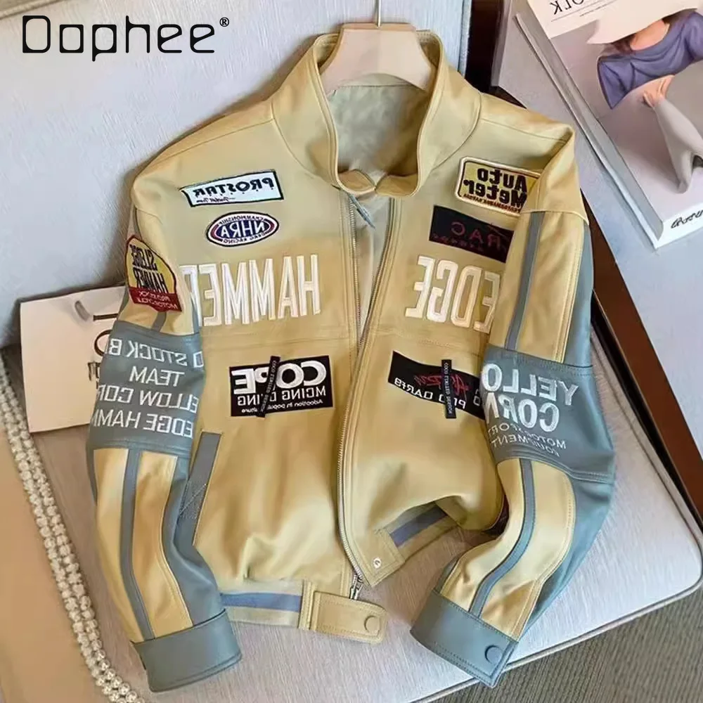 

Мужская демисезонная куртка в американском ретро-стиле: мотоциклетная уличная куртка цвета хаки с вышивкой букв из искусственной кожи и розово-черная бейсбольная куртка