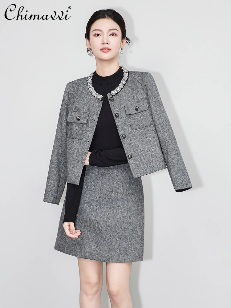 النمط الفرنسي الأنيق الاجتماعي الترتر الماس الجولة الرقبة واحدة الصدر سترات قصيرة ضئيلة ألف خط تنورة قطعتين مجموعة للنساء #1