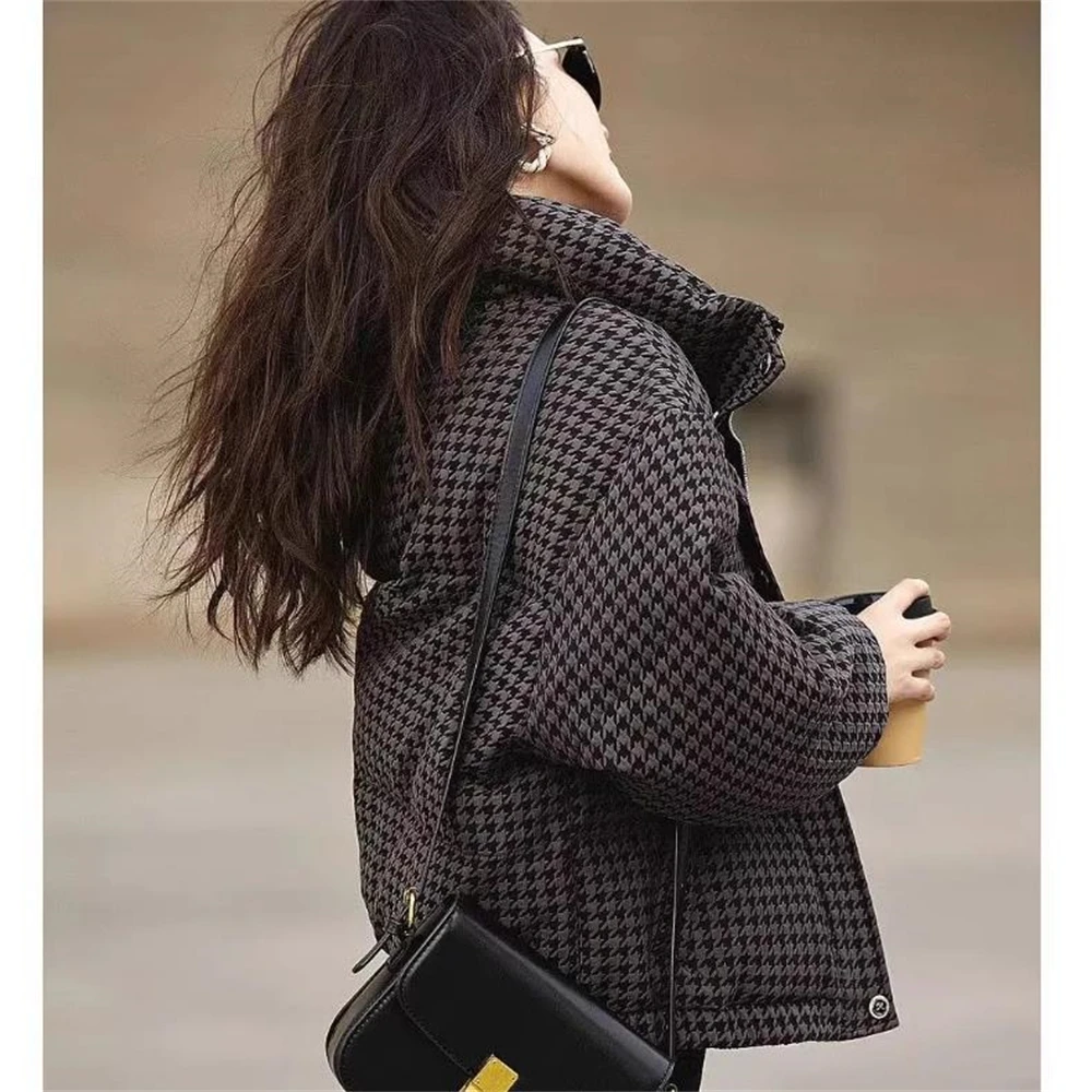 Chaqueta acolchada con capucha de pata de gallo para mujer, chaqueta gruesa a prueba de viento para invierno, Parka cálida Vintage, chaquetas de abrigo