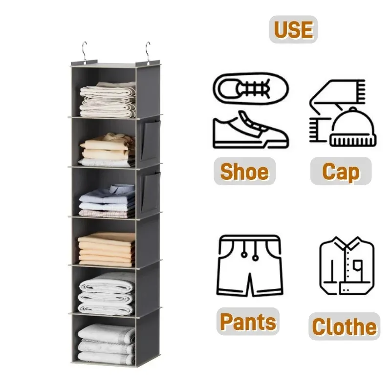 1 Stück faltbarer Schrank-Organizer, Aufbewahrungsregal mit 6 Regalen und 2 Haken – für Schuhe, Mützen, Kleidung, Hosen, platzsparender Schrank-Organizer