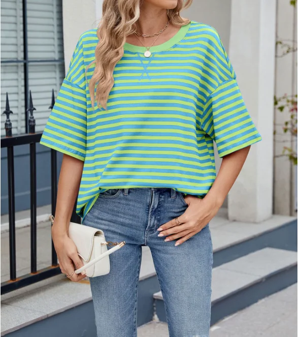 T-Shirt coupe ample pour femmes, rayé, contraste, col rond, demi-manches, haut quotidien décontracté, adapté à diverses tenues assorties