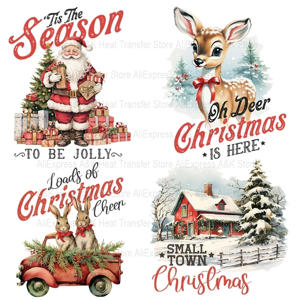 Retro Christmas Clothes Appliques Santa Rabbit Patches For Clothing DIY T-shirt Sticker Heat Transfer Patches Happy Vibes Decals