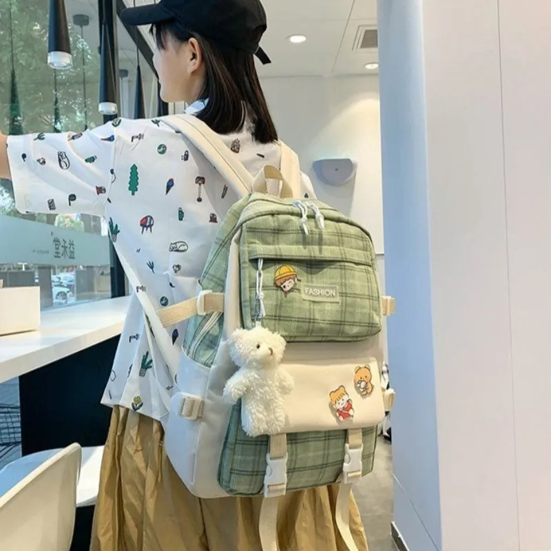 5pcs Japanese Cute Plaid Canvas School Bag Five-piece Set Trendy Korean Style Backpack For Primary Girls