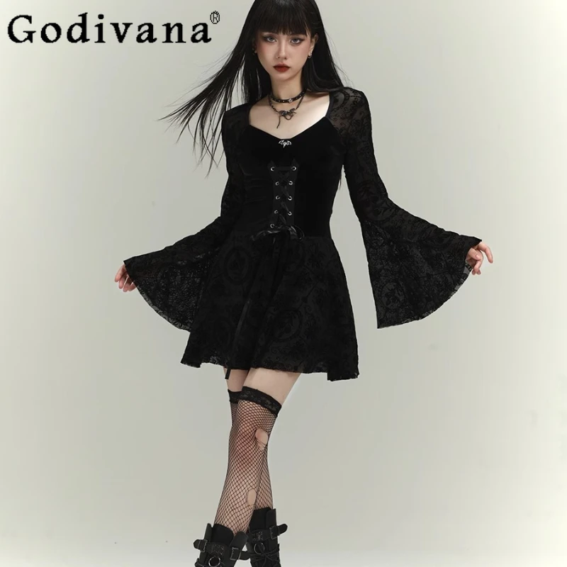 

Gothic Style Women's Black Flared Sleeve Dress Subculture Halloween Cosplay Dress Female Long Sleeve Christmas Costume