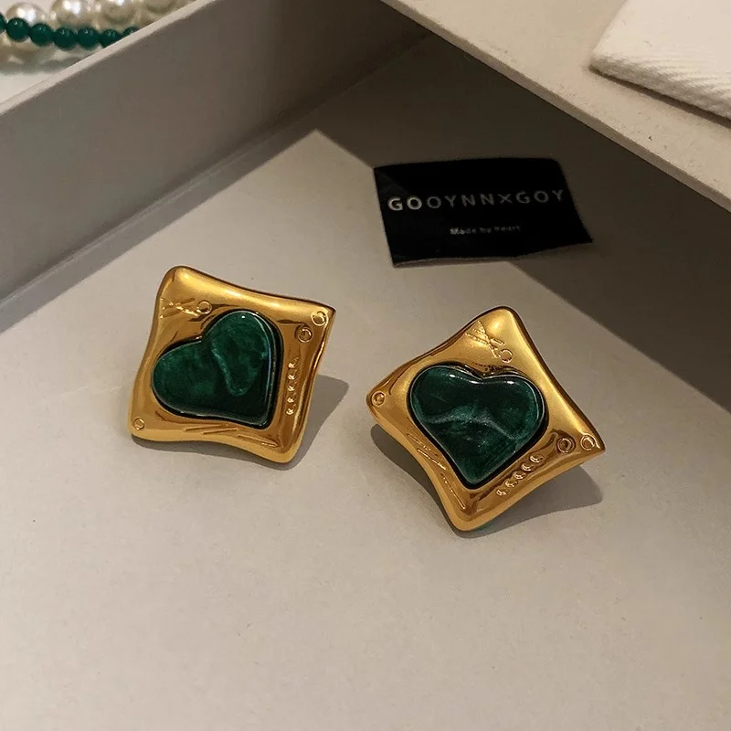 

Vintage Green Square Heart-shaped Earrings for Women Fashiona Niche Light Luxury OL High-end Party Exquisite Jewelry Gilts