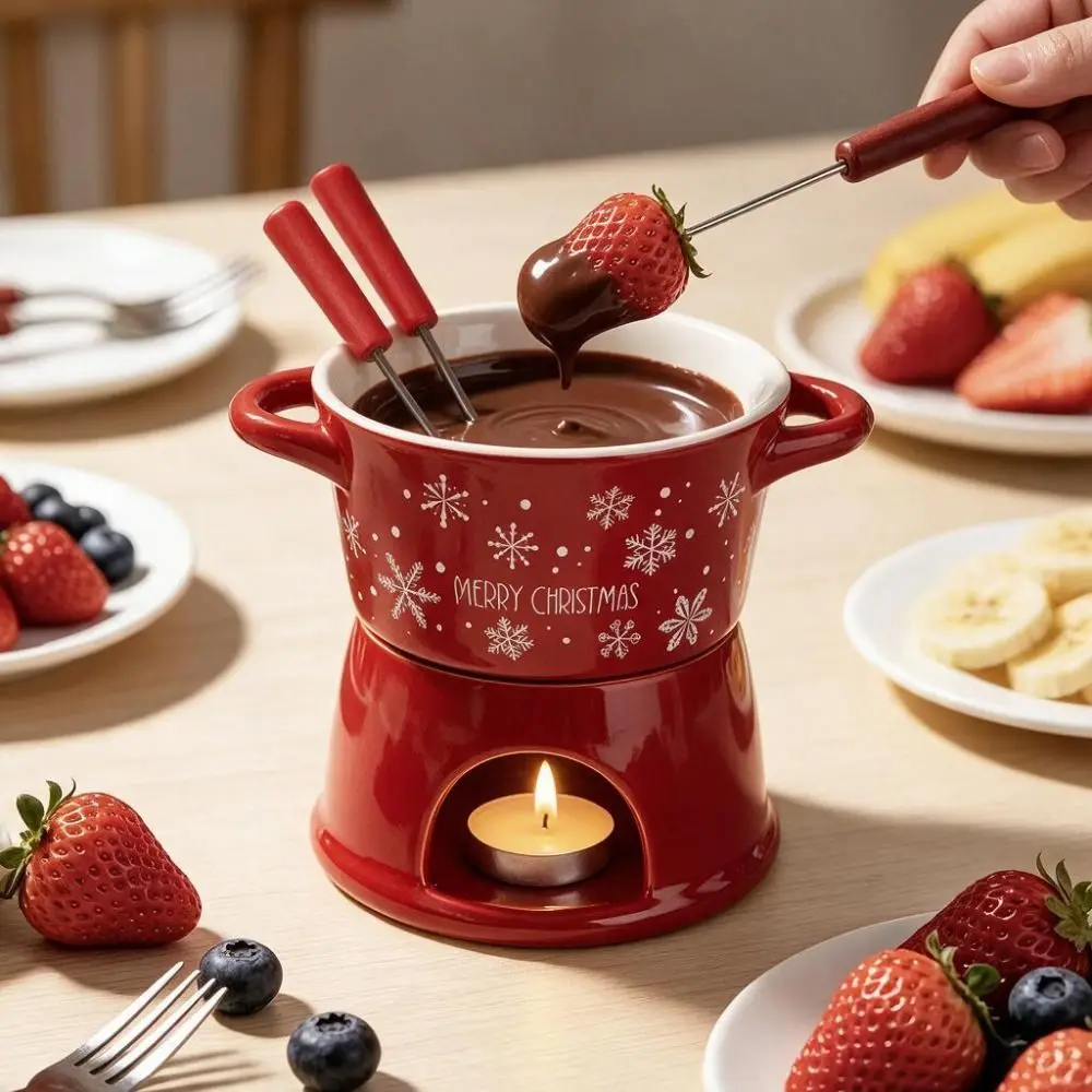Ceramic Christmas Chocolate Fondue Cup T Shape with 2 Fork Tea Light Cheese Melting Pot Double Handle 300 ML Dessert Dipping Cup