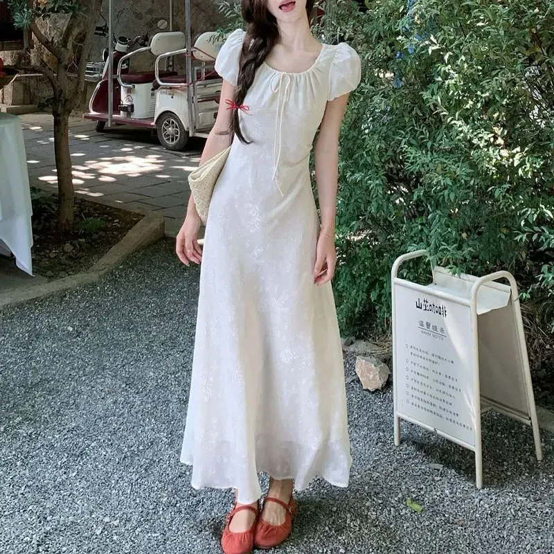 

Gentle French Style Puff Sleeve Long Dress Summer New Round Neck Female Clothing Jacquard Weave Stylish Drawstring Waist Dresses