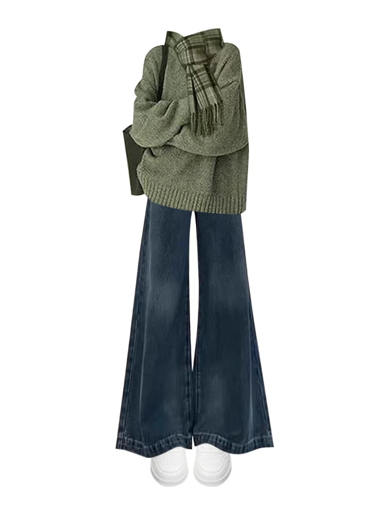 Winter Lazy Sle Knitwear Set round Ne Wide Leg Jeans High Waist Trousers Casual Faion Women's Outfit Two-Piece Suit
