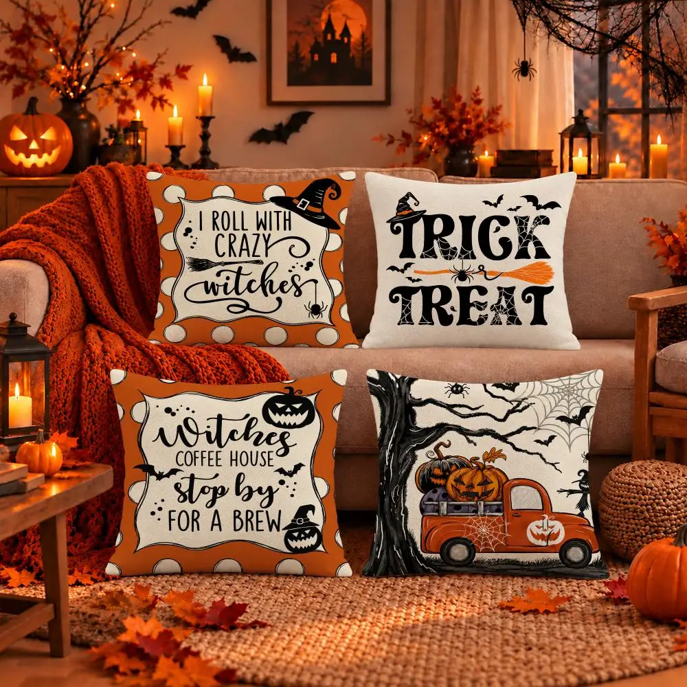 Art Halloween Spooky Farmhouse Typography Cushion Cover Dark Gothic Plush Pillow Covers for Sofa Bedroom Home Decor