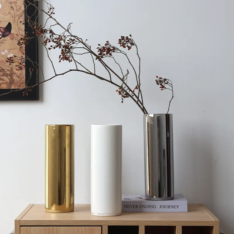 Nordic Style Ceramic Straight Vase Creative Water Flower Cultivator Modern Simple Light Luxury High-end Decorative Ornament