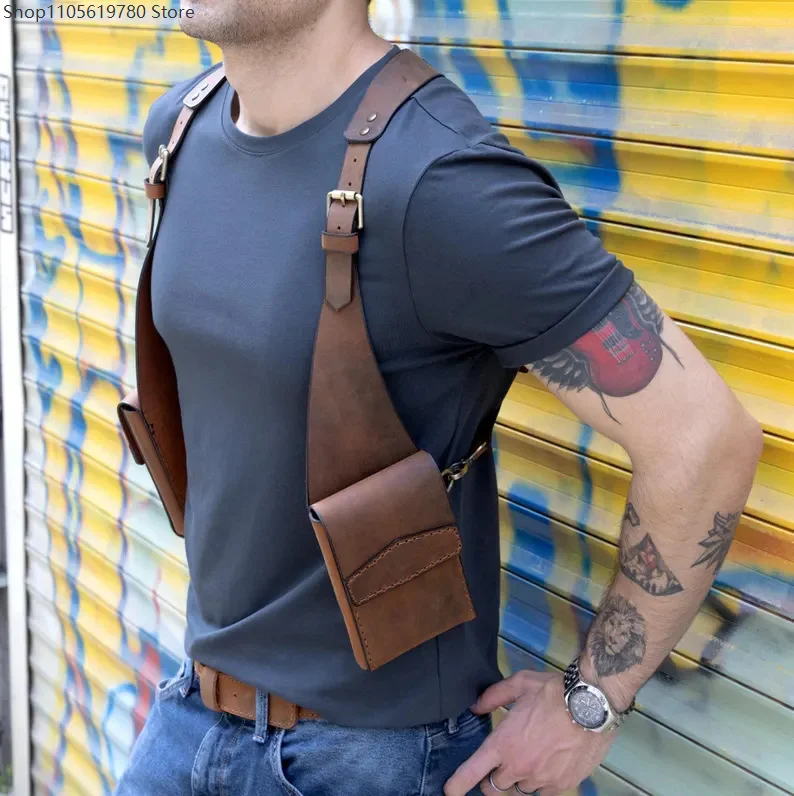 Medieval Brown Faux‑Leather Underarm Shoulder Holster Bag Adjustable Harness Multi‑Slot Wallet Pouch Prop Halloween Cosplay