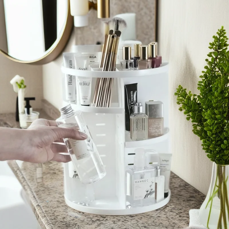 360-Degree Rotating Makeup Shelf Organizer - Fashionable Cosmetic Storage Box & Brush Holder