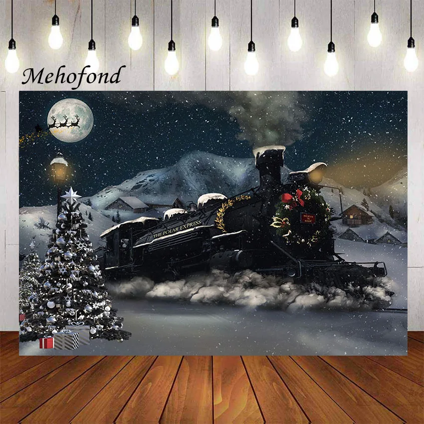 Mehofond Photography Background Christmas Train Night Winter Snow Tree Kids Family Holiday Portrait Decor Backdrop Photo Studio