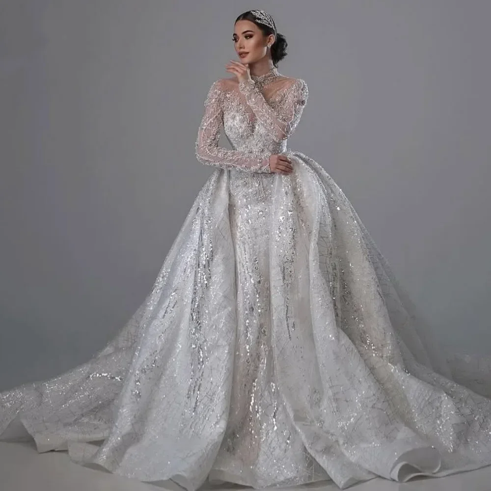 Luxurious Mermaid Crystal Bead Decoration Wedding Dress Sexy High Neck Long Sleeved Detachable Trailing Bridal Gown Customized