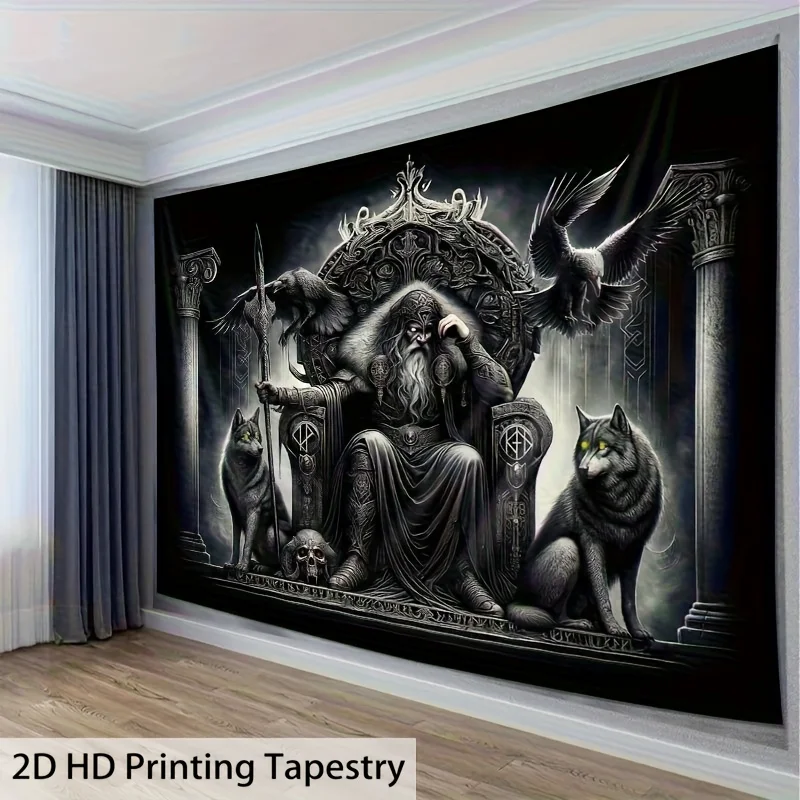 Odin Throne Tapestry, Norse God with Ravens and Wolves in Dark Hall, Viking Mythology Wall Art for Living Room Bedroom Decor