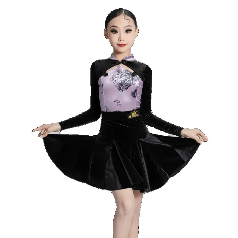 Tenue de danse latine pour filles, ensemble pantalon évasé en velours hiver et automne, pour spectacles chinoises, tenue de danse pour enfants