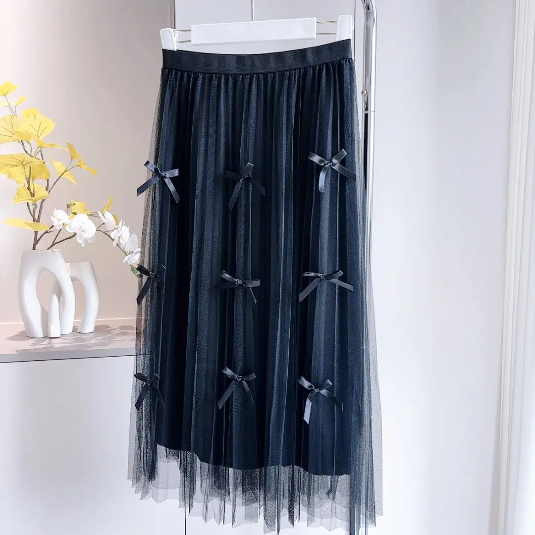 

2025 New Lace Mesh Tulle Skirt Women Pleated Skirt Summer Fashion Bow Casual Dance Party Midi Long Skirt Black Pink