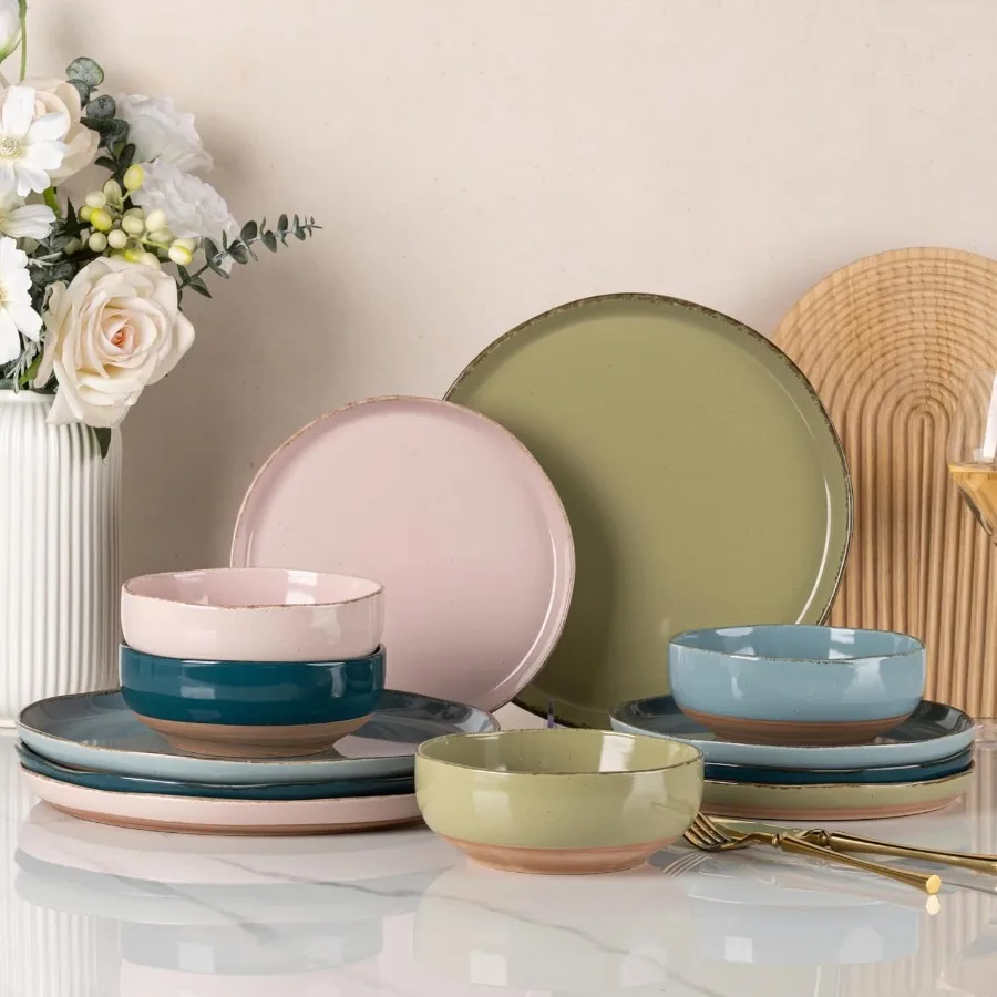

Ceramic Dinnerware Sets for 4 12 Pieces Handpainted Plates and Bowls Set with Rustic Terracotta Underside Scratch Resistant Sto