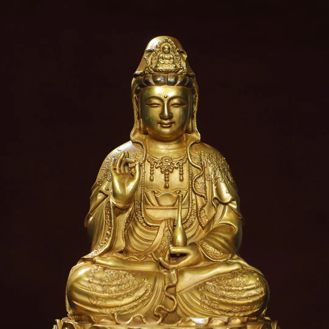 Home worship of religious Buddha statue with copper gilded statue of Guanyin Bodhisattva Size: Height 29cm, Width 18cm, Thicknes