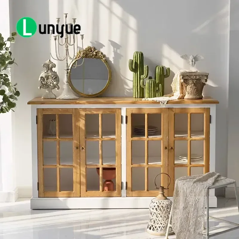 American Light Luxury Solid Wood Dining Side Cabinet French Retro 4 Door Storage Cabinet for Living Room Simple Antique