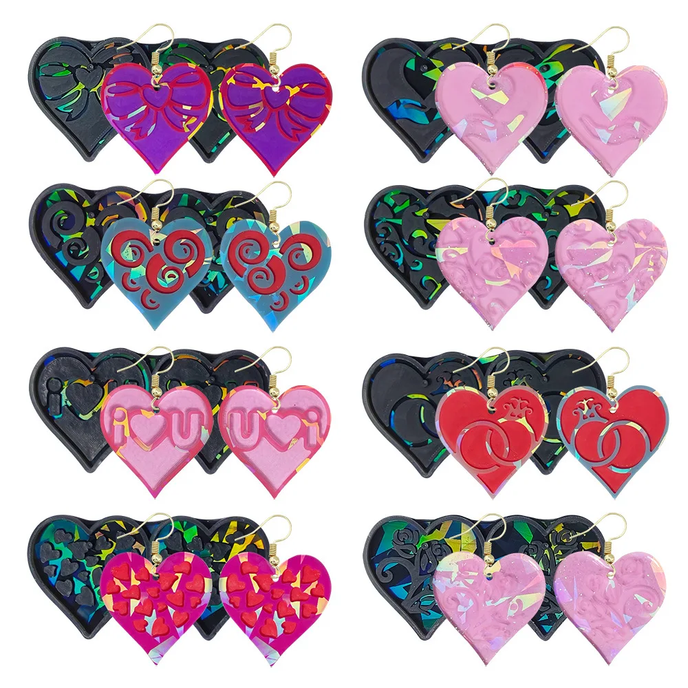 Holographic Epoxy Resin Love Heart Earrings Silicone Mold Jewelry Pendants Making Multiple Patterns Necklace Pendants Mold Craft