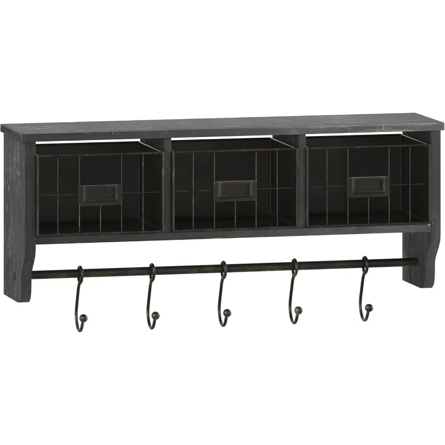 Wall Mounted Storage Rack in Blackwashed Solid Pine Wood for Entryway Kitchen and Bathroom 24 Inch with Upper Shelf 5 Hooks and