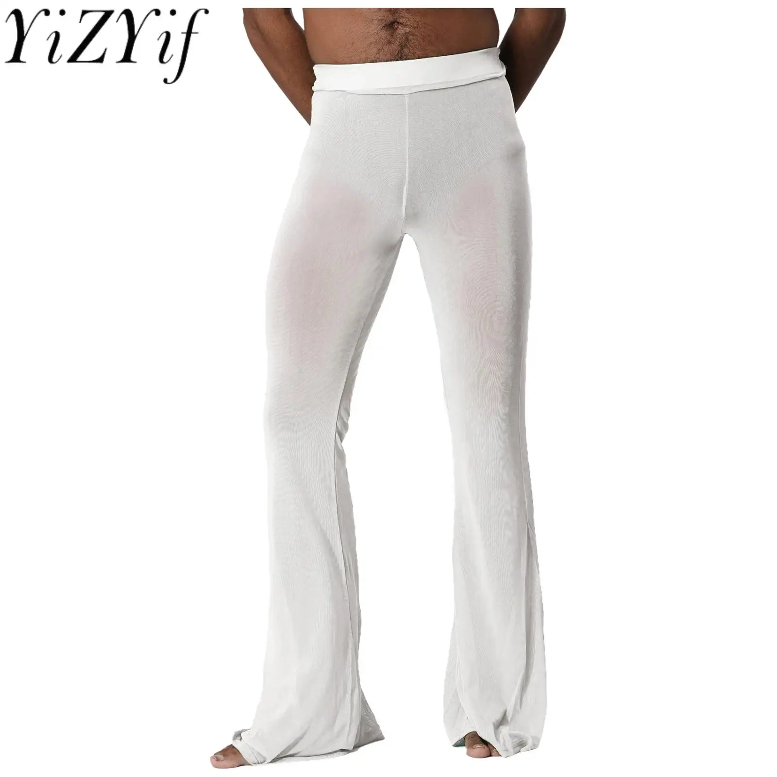 

Men Sheer Mesh Flared Pants High Waist See Through Cover Up Trousers Long Pants Beachwear Briefs Cover Pool Party Sexy Pants
