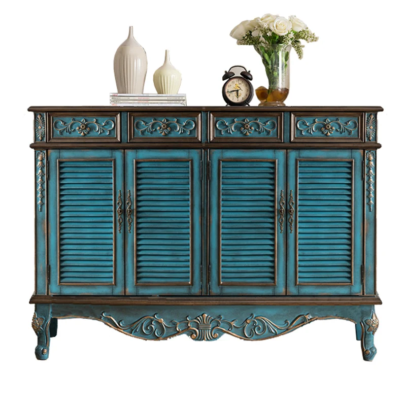 Mediterranean Breathable Shoe Cabinet Home Door Solid Wood Louver European Blue Hallway Cabinet Retro Balcony Furniture