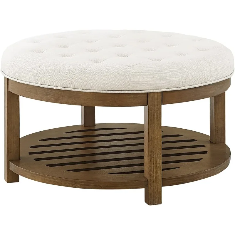 Large Round Upholstered Tufted Linen Ottoman Coffee Table, Large Footrest Ottoman with Wood Shelf Storage-Ivory