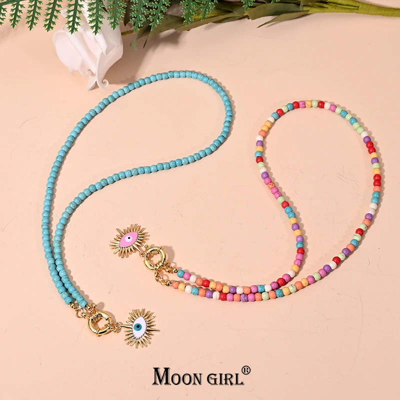 Boho kolorowy kołnierzyk z koralików Choker złote oczy naszyjnik dla kobiet księżycowa dziewczyna projekt letnia biżuteria