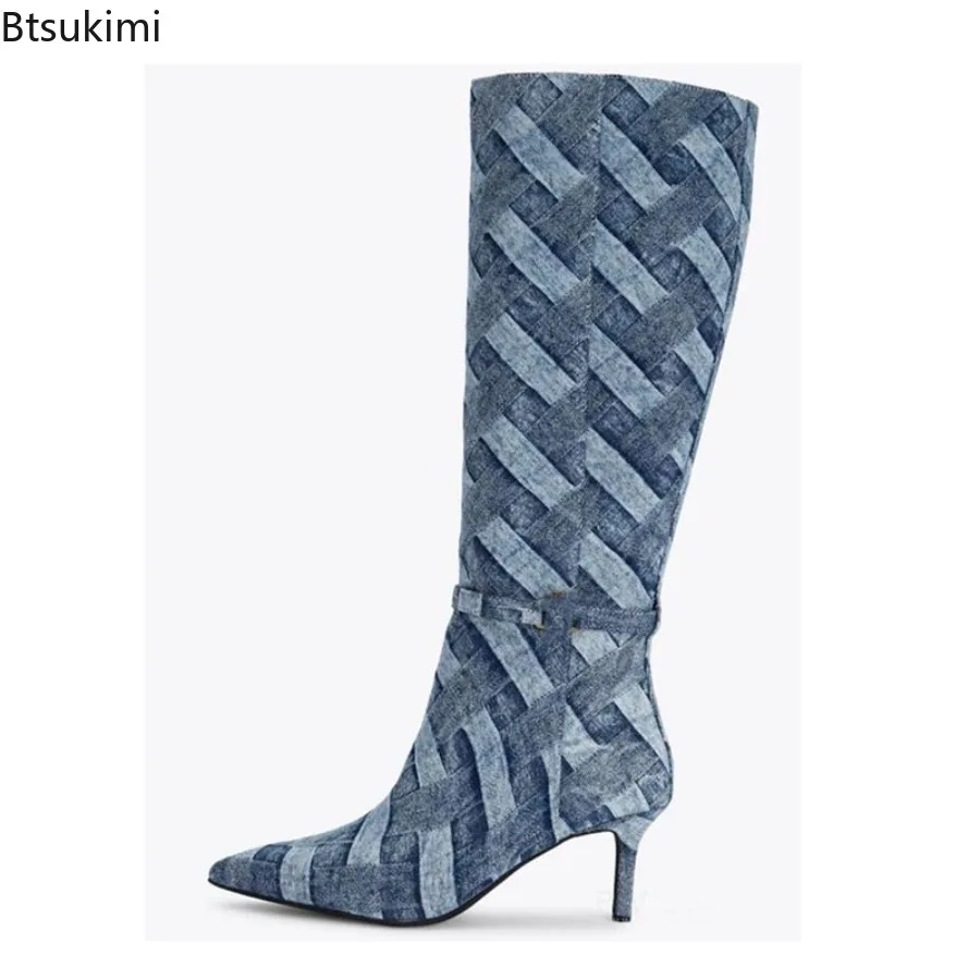 

Women's Denim Checkered Pointed End Knee High Boots Autumn and Winter High-heeled Party Commuting Ladies Boots 35-43 Plus Size
