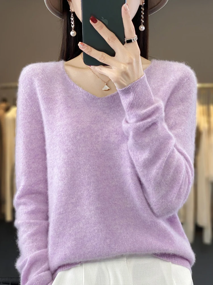 Women's Sweater V-neck Pullover 100% Merino Wool Pullover SolidColor Pullovers Basic Sweaters Discount  Simple Versatile KnitTop