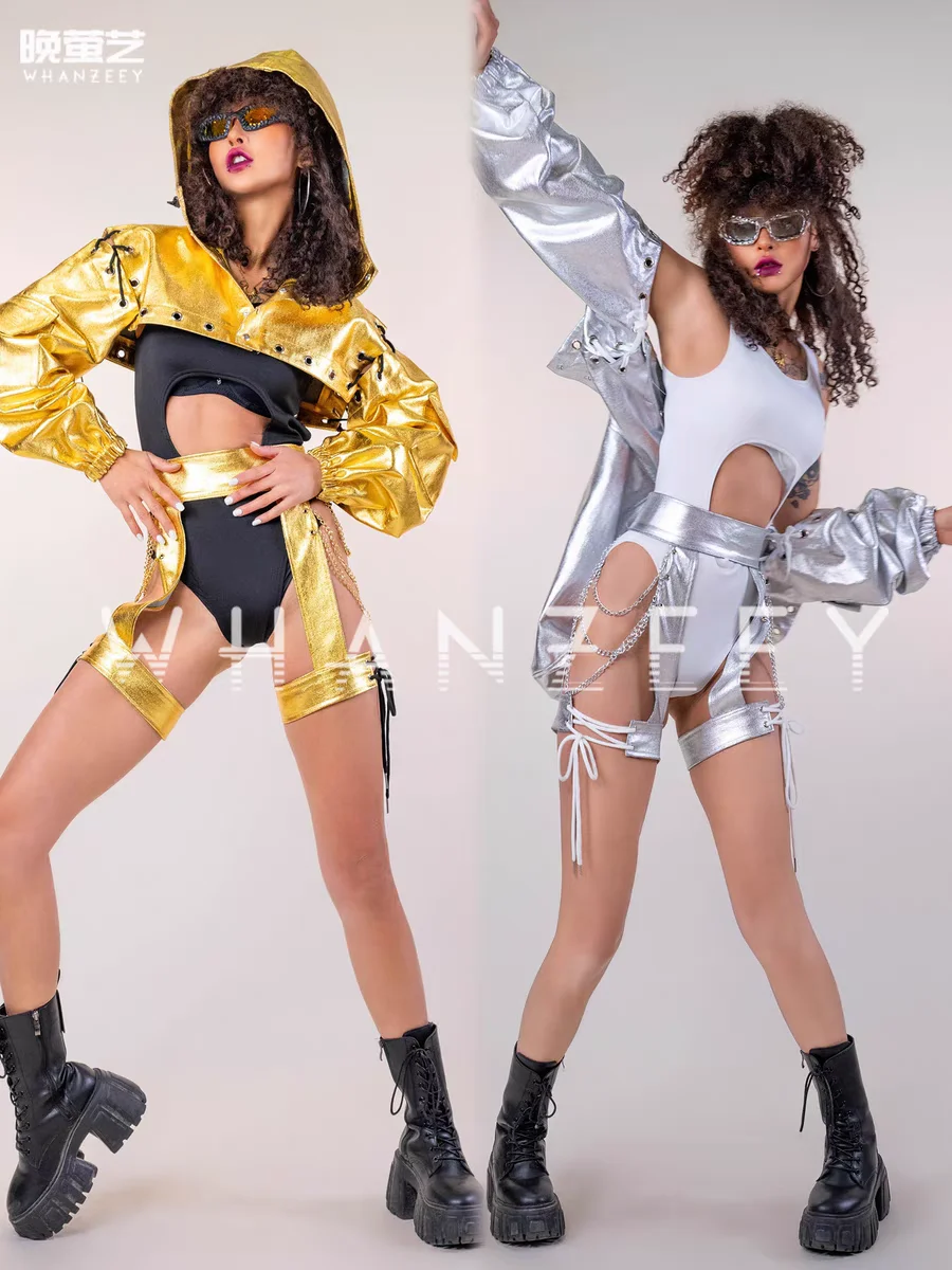 Nieuwe hiphop sport cool goud zilver jumpsuit met capuchon bar DJ nachtclub zangeres dansteam interactief prestatiekostuum