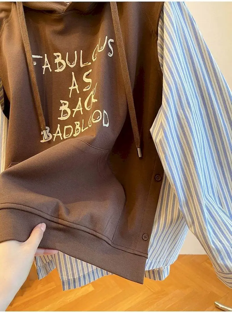 Oversized Hoodies Women Korean Loose Hoodie Fashion Striped Shirt Patchwork Hooded Coats Fake Two-piece Tops Spring Autumn Trend